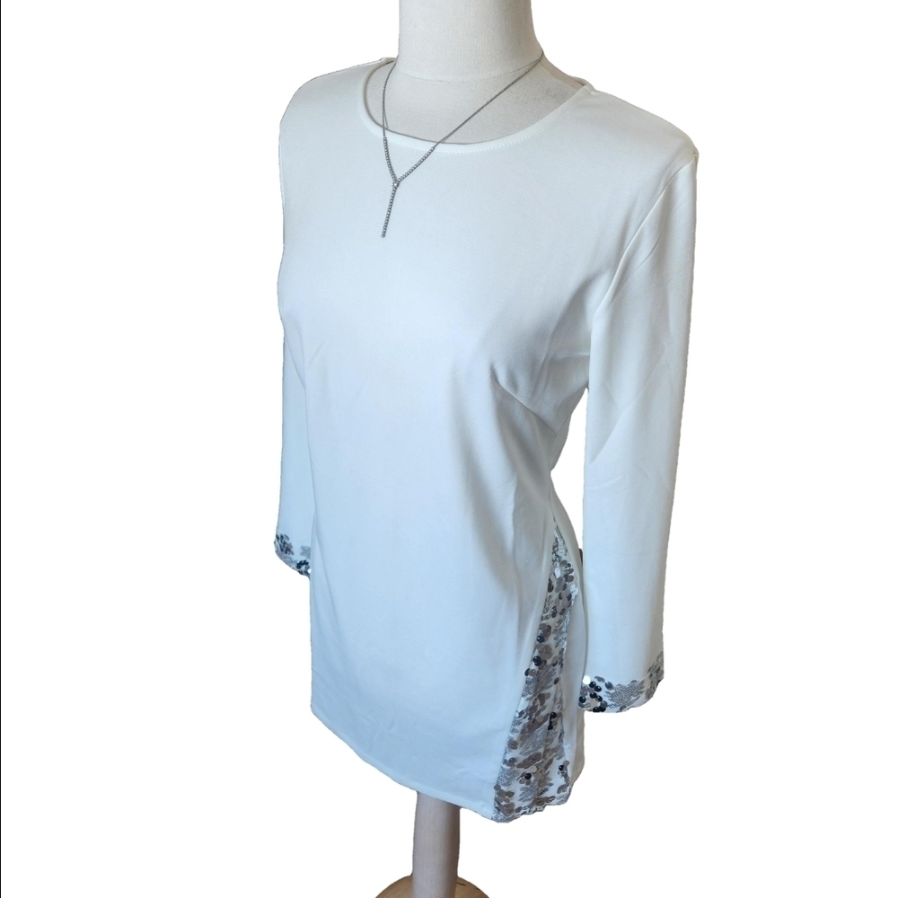 NWT Nylon Apparel Solid White Long Sleeve Side Slit Sequin Short Dress - Picture 4 of 6